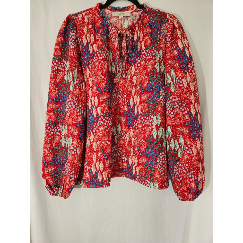 LOFT Red Floral Abstract Print Textured Tie Neck Long Sleeve Top Size M